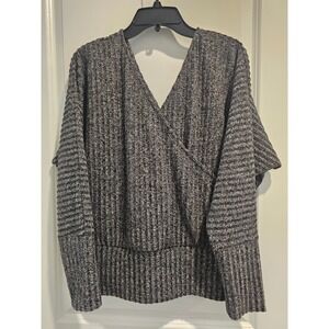 Womens szL EXPRESS Gray Textured Ribbed Deep V Neck Long Sleeve Sweater Top Fall